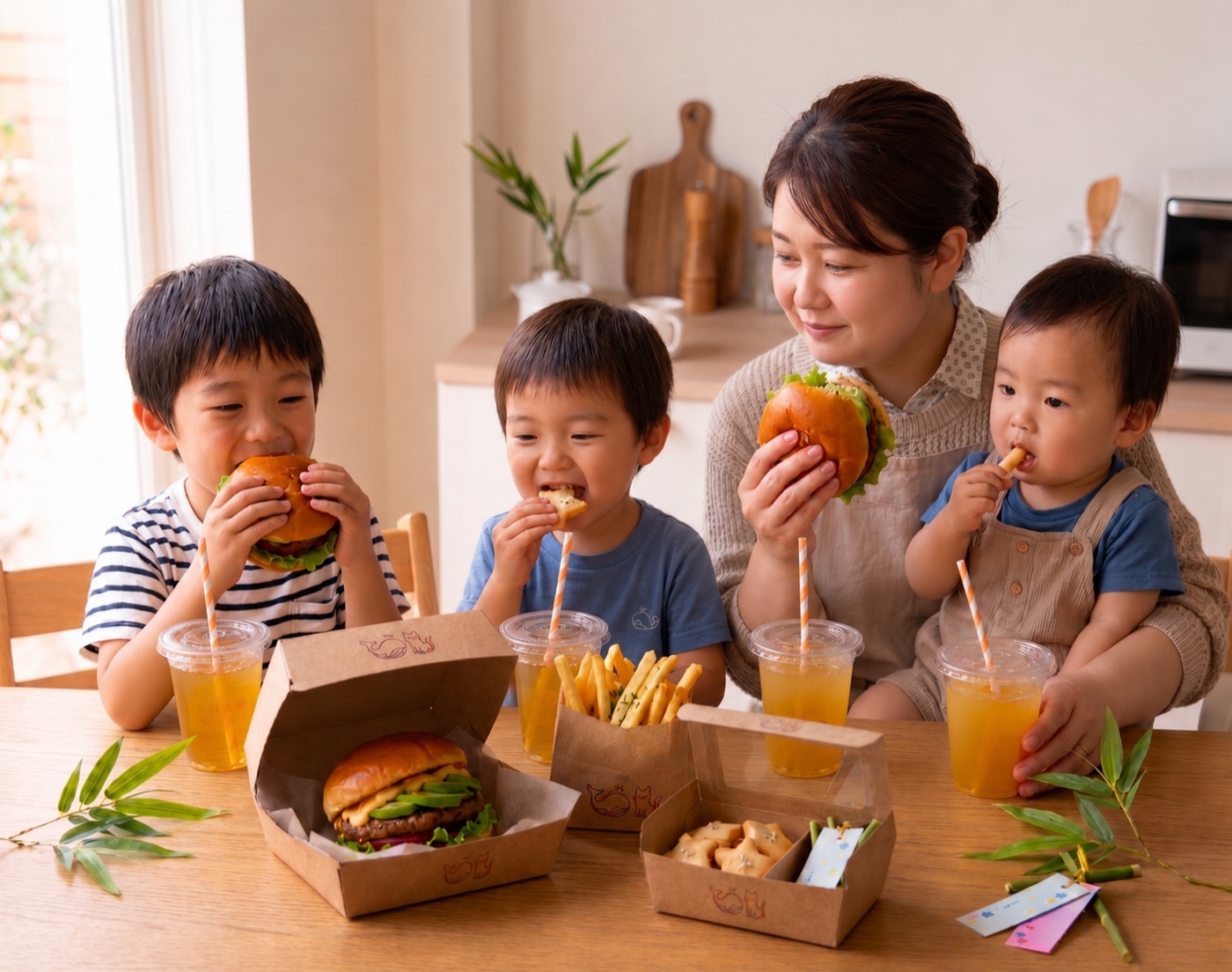 ハンバーガーを楽しむ親子